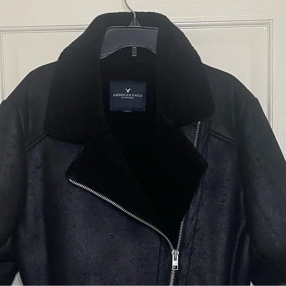 American Eagle Faux Suede Shearling Lined Distressed Moto Jacket, Bl, Sz XL - Picture 4 of 16